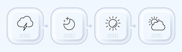 Погодные условия устанавливают иконку гроза, гром, молния, облако, солнце, луна, звезды, прогноз природа, концепция, стиль неоморфизма, иконка векторной линии для бизнеса и рекламы