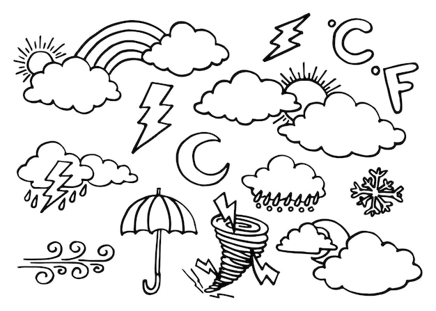 Vector weather doodle vector set illustration with hand draw line art style vector, star, sun