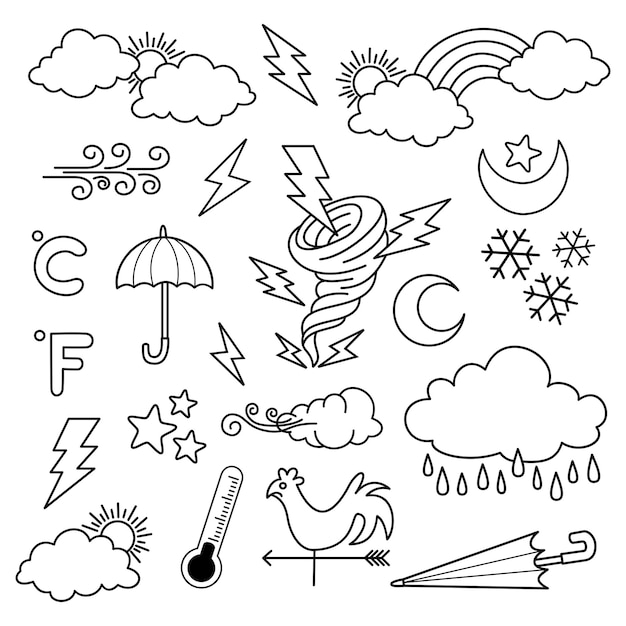 Weather doodle vector set illustration with hand draw line art style vector star sun