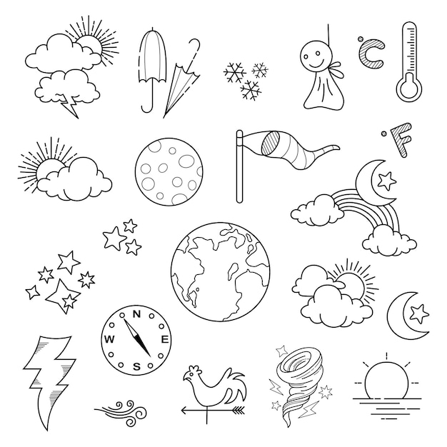 Vector weather doodle vector set illustration with hand draw line art style vector star sun