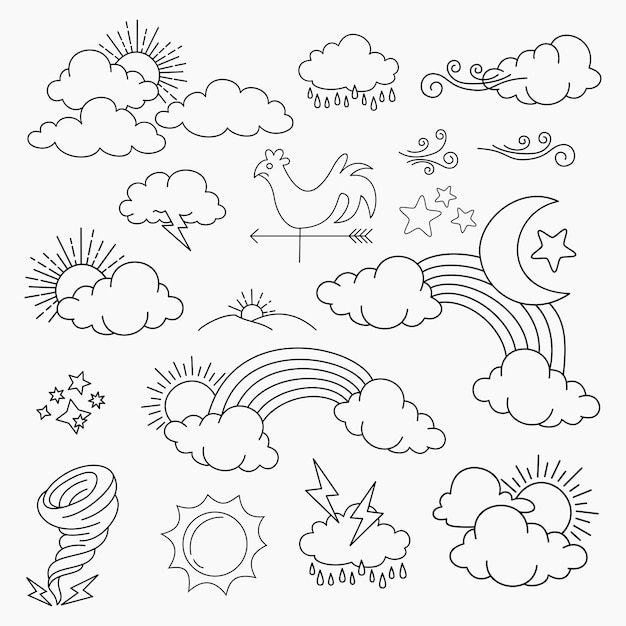 Vector weather doodle vector set illustration with hand draw line art style vector, star, sun