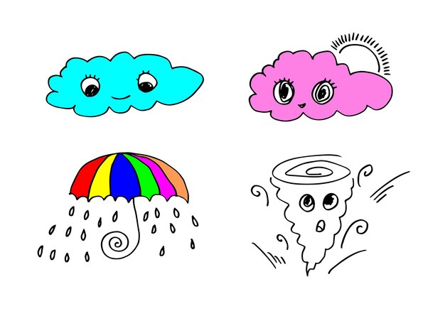Weather doodle vector set isolato su uno sfondo blu illustrazione vettoriale disegnata a mano