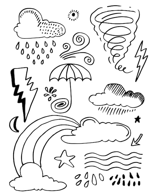 Векторный набор Weather Doodle, изолированный на белом фоне, иллюстрация вектора, нарисованная рукой