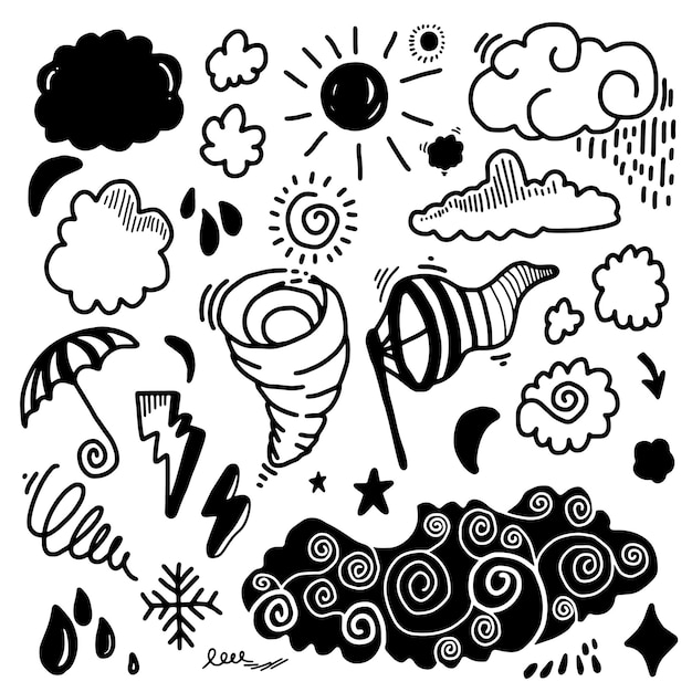 Meteo doodle vector impostato su sfondo bianco