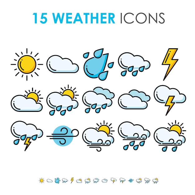 Weather forecast and climate collection in thick line icon set