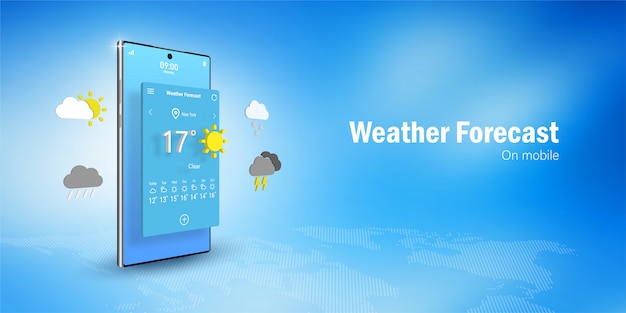 Weather forecast concept, smartphone displays  weather forecast application widget, icons, symbols