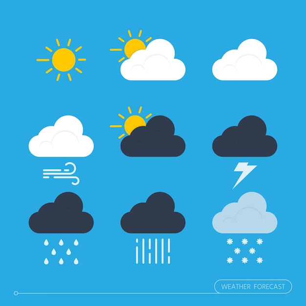 Weather forecast icon set Nine icons are isolated on a blue background Vector illustration