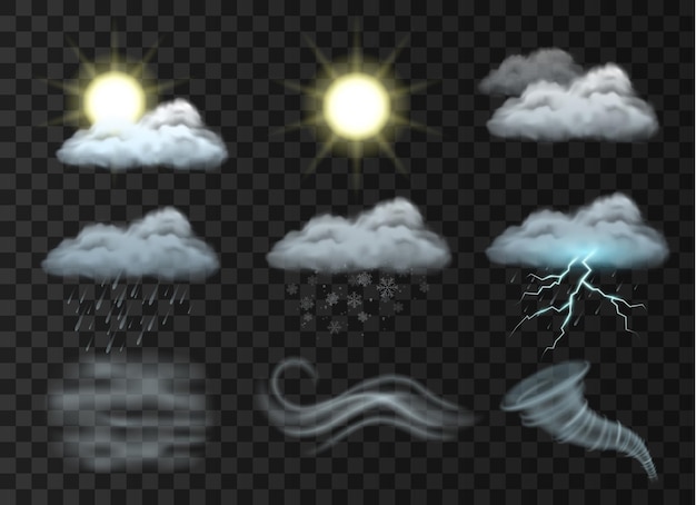 Набор иконок прогноза погоды с облаком, солнцем, снегом, торнадо, туманом, туманом, дождем, снежинками, каплями дождя, молнией на прозрачном фоне. Реалистичные векторные иллюстрации