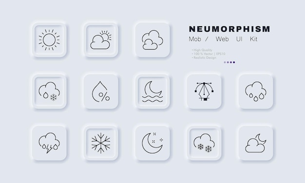 Weather forecast set icon Predict night moon stars cloud rain sky drop day sun lightning Technology concept Neomorphism style Vector illustration for business and advertising