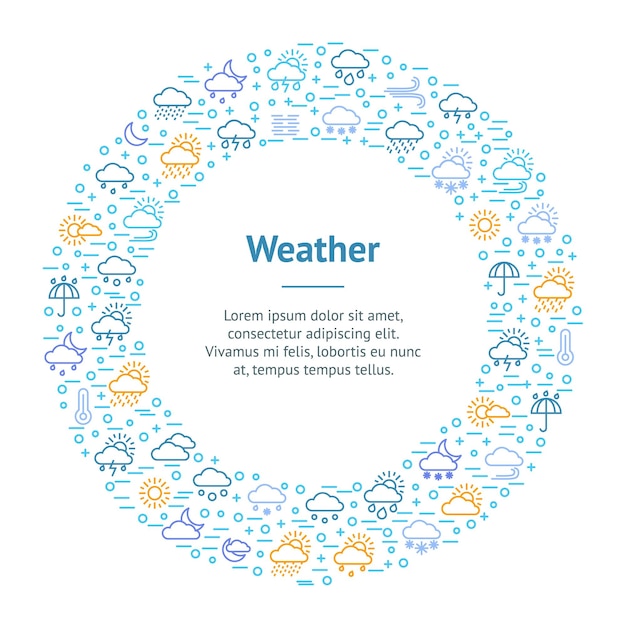 일기 예보 씬 라인 배너 카드 원에는 태양 온도 폭풍 구름 비 눈 뇌우 및 바람 벡터 그림이 포함됩니다.
