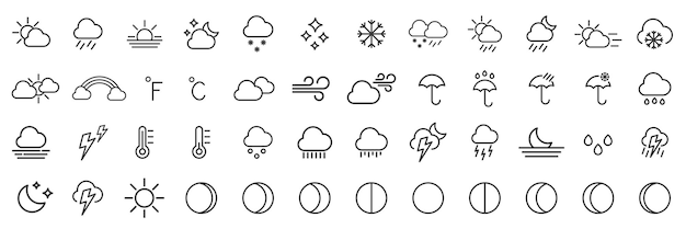 Weather forecast Weather Set of weather icons in linear style Vector illustration