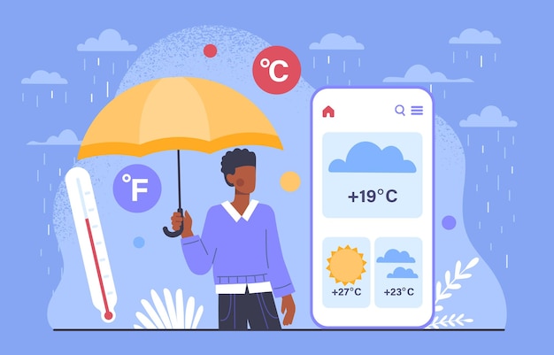 Weather forecasting concept man with umbrella under rain near smartphone screen fall and autumn