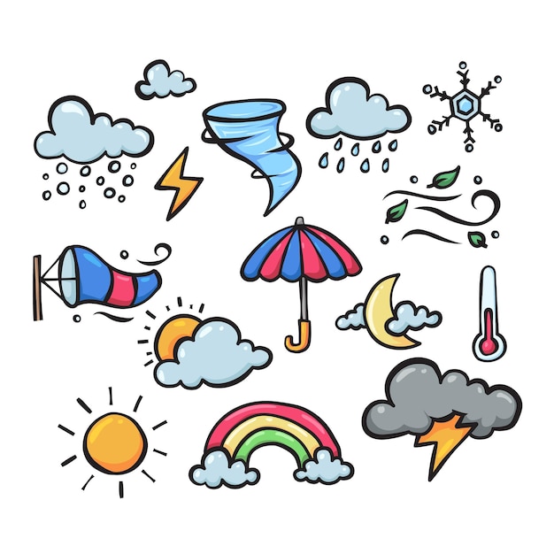 Vettore meteo disegnato a mano doodle illustrazione previsione meteorologica nuvolosa ed elemento