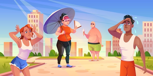 Weather heat outdoor People in city park suffer from high temperatures sweating person hot sunny summer shadow cooling sun and heat stroke male and female characters vector concept