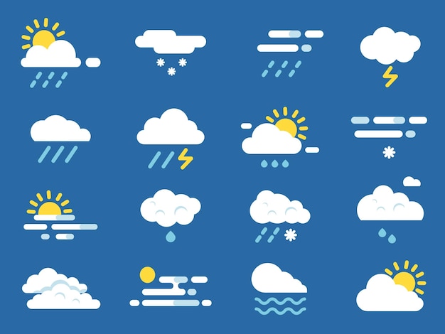 Set di icone meteo simboli meteo immagini vettoriali in stile piatto fiocco di neve e tempesta di sole e simbolo di previsione piovosa
