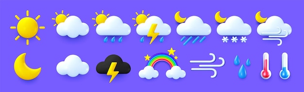 Weather icons 3d elements for weather forecast thunderstorm and lightning rain and showers