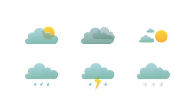 Weather icons in 3d style vector icon set sunny gloomy clear sky rain snow thunderstorm