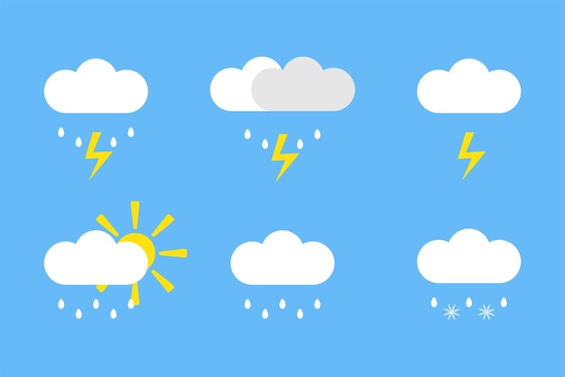 Иконки погоды изолированы на синем фоне. Облака, дождь, освещение, солнце, снежинки.
