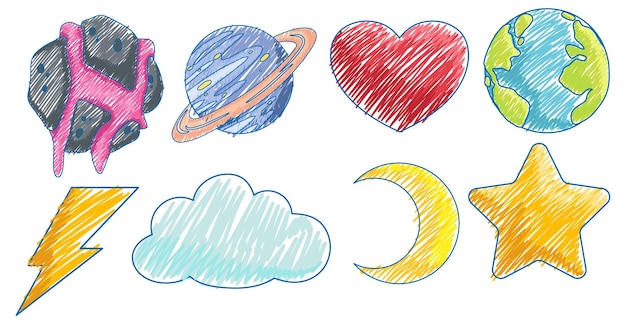 Icone meteorologiche in stile semplice schizzo a colori a matita