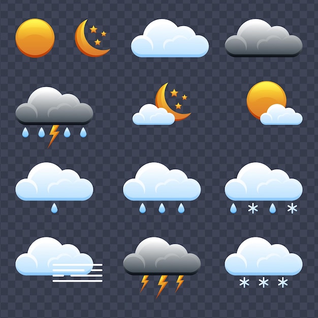 Icone meteorologiche icone meteorologiche realistiche impostate isolate su sfondo trasparente previsioni meteorologiche piatte s