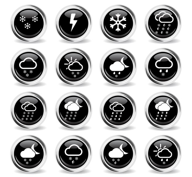 Vector weather icons on round black buttons with metal ring