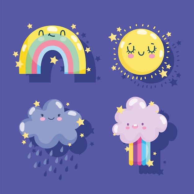 Weather icons set cute rainbow sun cloud rain rainbow funny decoration purple background vector