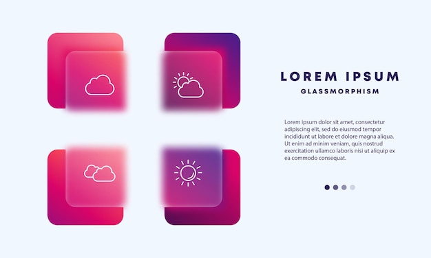 Weather icons set Icons cloudy weather sunny weather and increased cloudiness The concept of weather phenomena Glassmorphism style Vector line icon for Business and Advertising