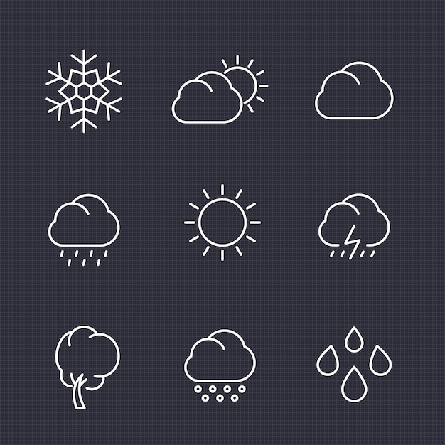 Icone meteo impostate in stile lineare, nuvole, pioggia, fiocco di neve, grandine, vento, sole, illustrazione vettoriale