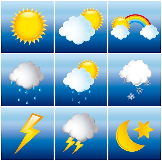 Weather icons with sun and rain vector illustration