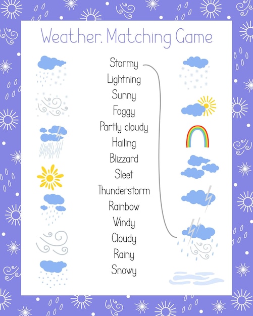 Vector weather matching game printable worksheet educational or leisure activity puzzle teachers resources