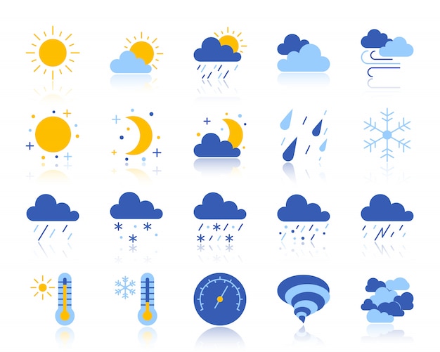 Meteo, meteorologia, set di icone piatte clima include sole, nuvole, neve, pioggia.