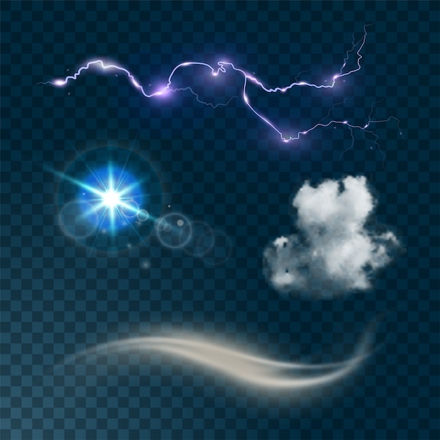 Weather realistic set isolated on dark transparent background  illustration. realistic cloud, sun flare, wind and lightning.