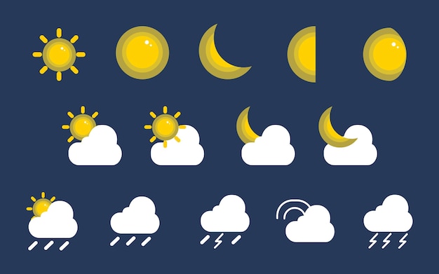 Набор значков прогноза погоды плоские векторные символы на темном фоне