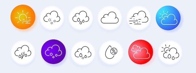 Weather set icon Cloud sun rain hail thunderstorm snow frost wind hurricane moon rainbow winter Sky concept Neomorphism style Vector line icon for Business