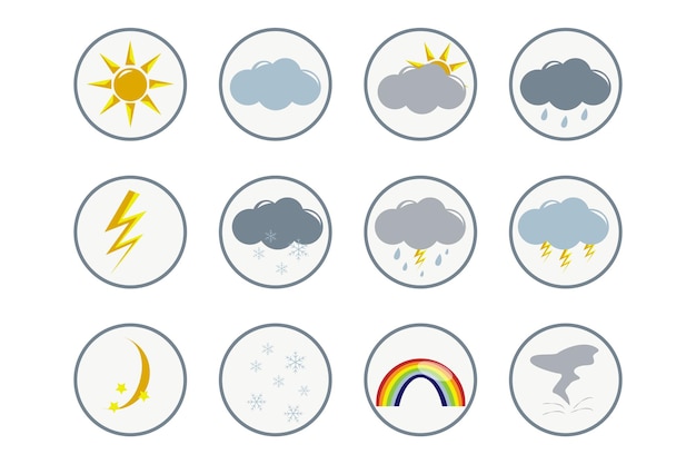 Vettore set meteoraccolta di icone meteo colorate dei cartoni animati