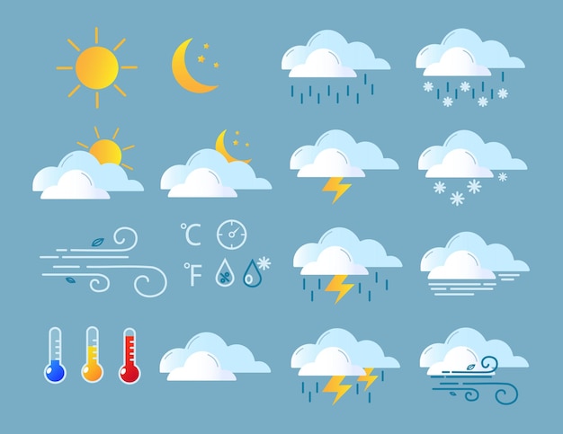 Weather simple color flat icons vector set
