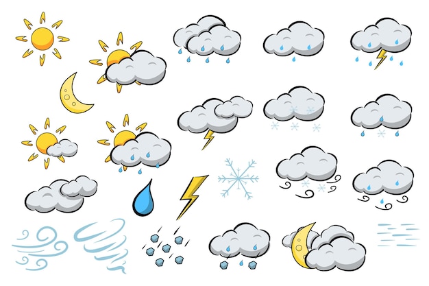 Vettore simboli meteorologici mega set in design piatto bundle di elementi di sole luna nuvole con pioggia fulmini neve vento temporale meteorologia pittogrammi vettoriali illustrazioni oggetti grafici isolati