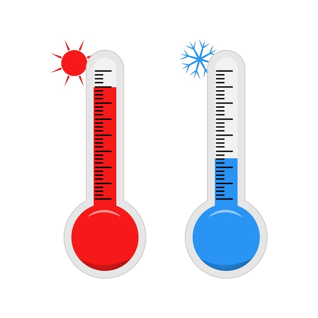 Meteorological thermometer. Temperature scale for Celsius and Fahrenheit.  The warm and cold weather is shown by the sun and the snowflake. Vector  illustration. Stock Vector