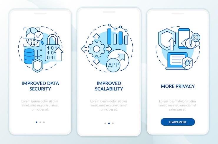 Vector web 3 0 benefits blue onboarding mobile app screen