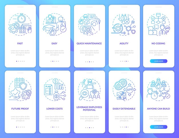 Web 3 0 blue gradient onboarding mobile app screen set Low code solution walkthrough 5 steps graphic instructions pages with linear concepts UI UX GUI template Myriad ProBold Regular fonts used