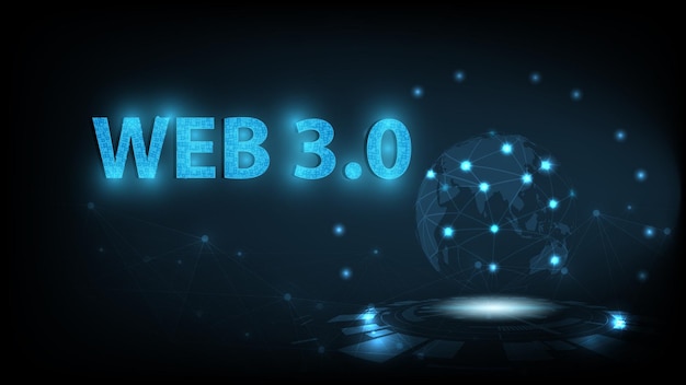 Текст Web 3.0 на темно-синем фоне технологии. Концепция обновления новой технологии.