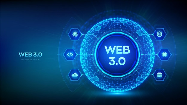 Web30新世代のインターネット抽象概念ブロックチェーン分散型テクノロジーデジタル通信AIと仮想テクノロジー六角形グリッド球の背景ベクトル図