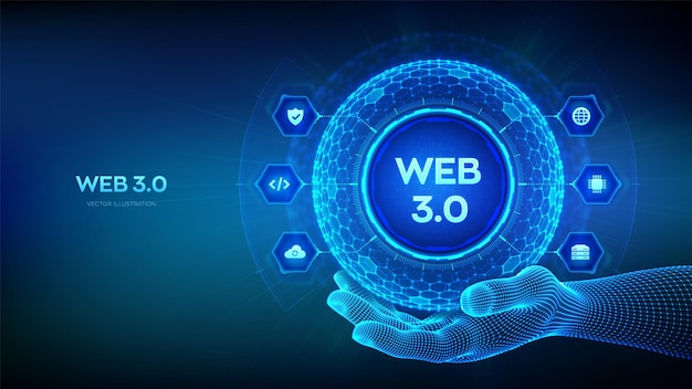 Web 30 nuova generazione del concetto astratto di internet tecnologia decentralizzata a catena di blocchi comunicazione digitale ai e tecnologia virtuale sfera a griglia esagonale in mano wireframe vettore