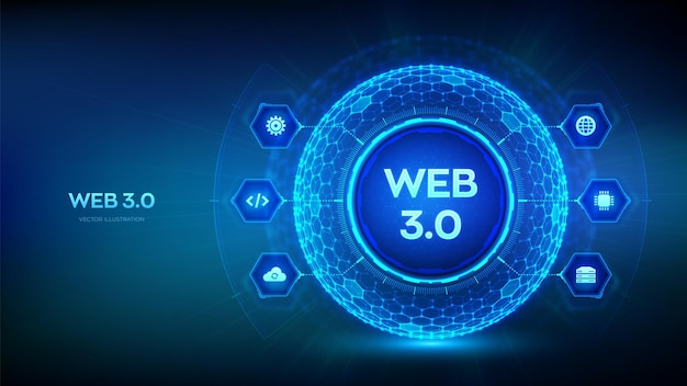 Web 30 новое поколение абстрактной концепции интернета блокчейн децентрализованной технологии цифровая связь ии и виртуальные технологии гексагональная сетчатая сфера фон векторная иллюстрация