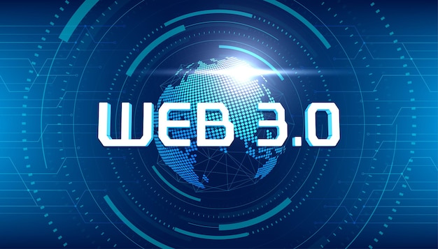 Web 30-tekst op puntwereldplaneet nieuwe versie van de website met behulp van blockchain-technologie cryptocurrency en nft-kunstvector
