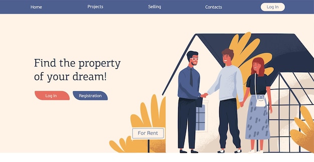 Web advertising template real estate agency vector flat illustration. happy couple and smiling agent shaking hands celebrate renting house. promo with place for text of sell or rent property service.