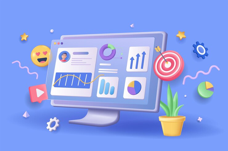 Web analyse concept 3D illustratie pictogram samenstelling met gegevens grafiek en grafieken doel en andere Business analytics marketing onderzoek en optimalisatie vectorillustratie voor moderne webdesign