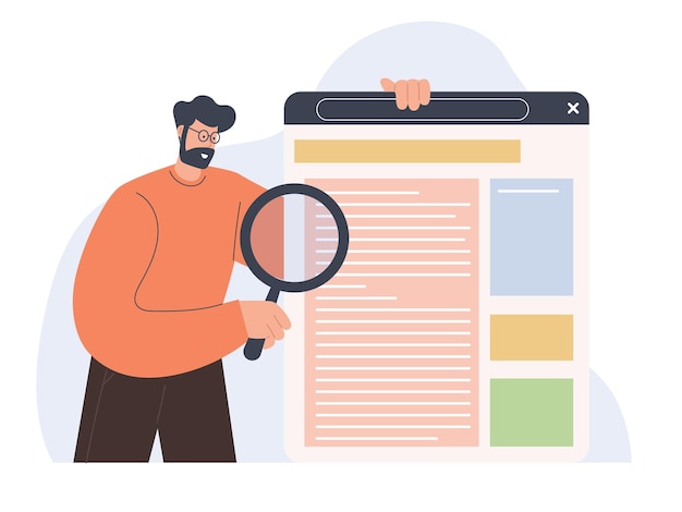 Vettore analisi web e concetto di ceo persona che controlla l'analisi delle serp con la lente d'ingrandimento