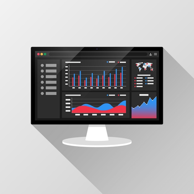 Vettore informazioni analitiche web sullo schermo del computer con report grafici di tendenza