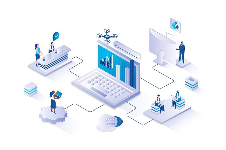 Vector web analytics 3d isometric concept with isometry people design team studying site graph and charts at dashboard using data analysis services working with page statistics vector illustration